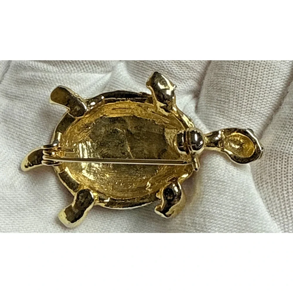 Vintage Rhinestone Guilloche Enamel Painted Turtle Tortoise Brooch Pin
